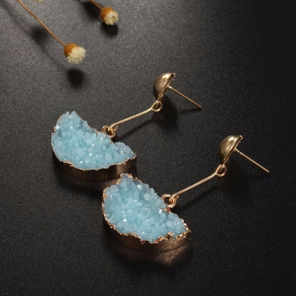 Blue Semicircle Druzy Drop Earrings - Picture 1 of 1